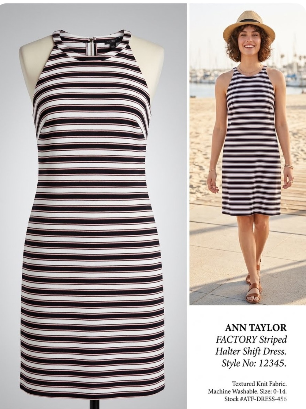 Ann Taylor Factory Black, White & Pink Striped Halter Shift Dress, 6
